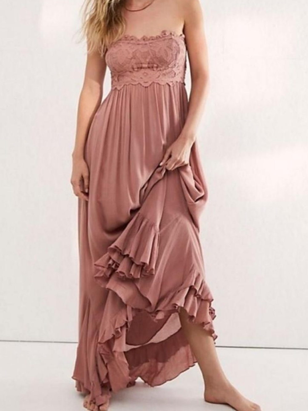 Free People Adella Strapless Maxi Dress Mauve Pink Lace Boho Medium